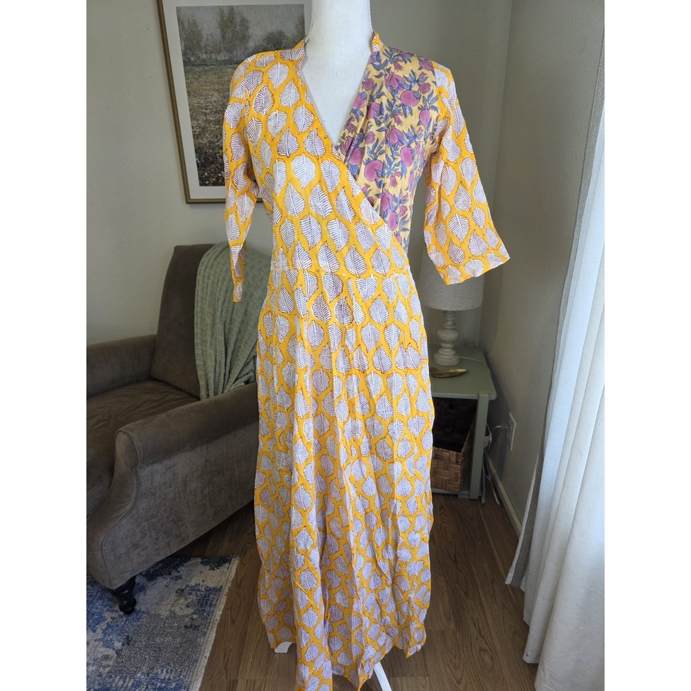Craft Tree Wrap Dress L/XL Organic Cotton Maxi Yellow Orange Boho Hand Crafted